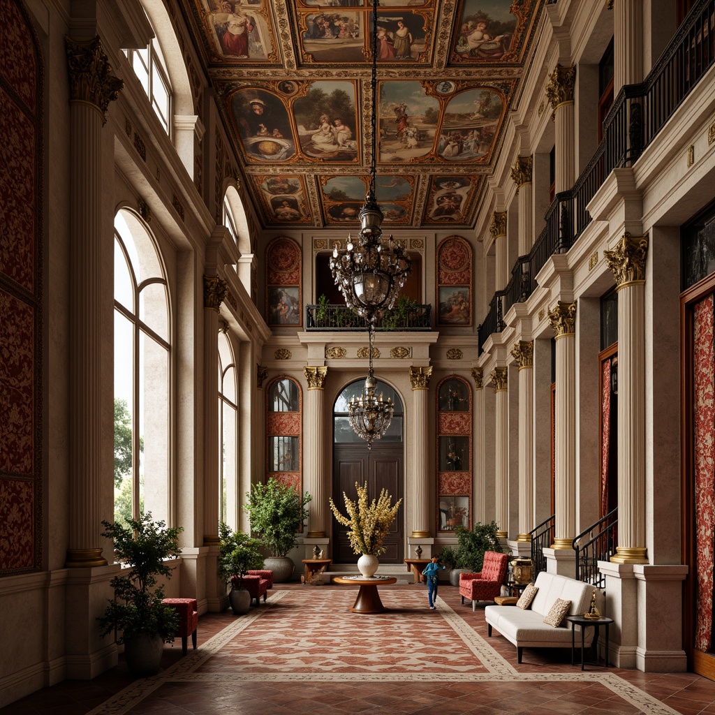 Prompt: Ornate Renaissance-style building, intricately carved stone facades, ornamental cornices, grandiose columns, lavish frescoes, richly colored tapestries, polished marble floors, gilded accents, ornate wooden furnishings, velvet drapes, crystal chandeliers, soft warm lighting, shallow depth of field, 3/4 composition, realistic textures, ambient occlusion.