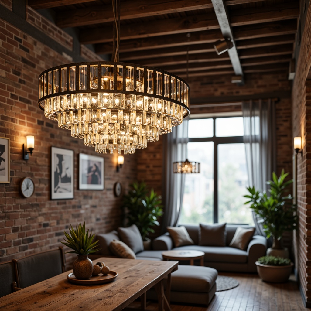 Prompt: Modern chandelier, sleek metal frame, crystal pendant lights, warm white LED bulbs, dimmable settings, minimalist design, industrial chic aesthetic, exposed brick walls, high ceiling, urban loft atmosphere, natural daylight, soft ambient glow, cozy reading nook, comfortable seating area, wooden floorboards, rustic decorative accents, earthy color palette, intimate gathering space, relaxed social ambiance.