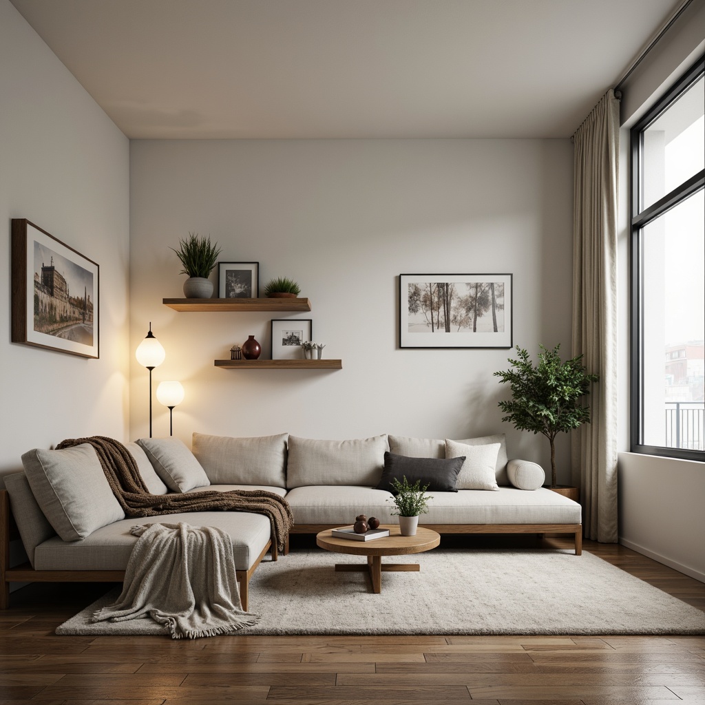 Prompt: Minimalist living room, neutral color palette, clean lines, simple shapes, functional furniture, comfortable seating, sleek coffee table, floor lamps, industrial-style lighting, wooden flooring, natural textiles, cozy throw blankets, plants on shelves, calm atmosphere, soft warm lighting, shallow depth of field, 3/4 composition, realistic textures, ambient occlusion.