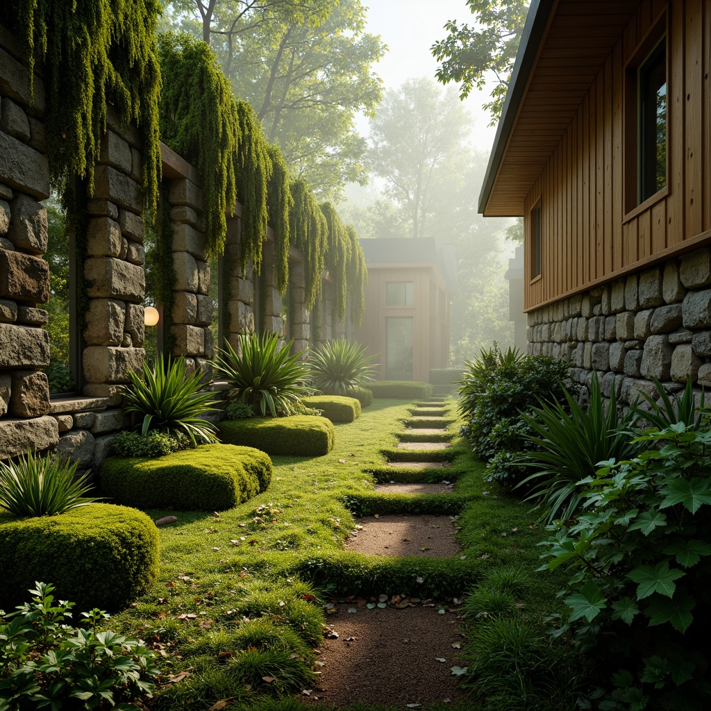 Prompt: Earthy moss green, natural stone walls, rustic wooden accents, lush forest floor, misty morning fog, soft warm lighting, shallow depth of field, 3/4 composition, panoramic view, realistic textures, ambient occlusion, serene atmosphere, organic shapes, curved lines, earthy scent, dew-kissed leaves, botanical illustrations, nature-inspired patterns, subtle gradient effects.