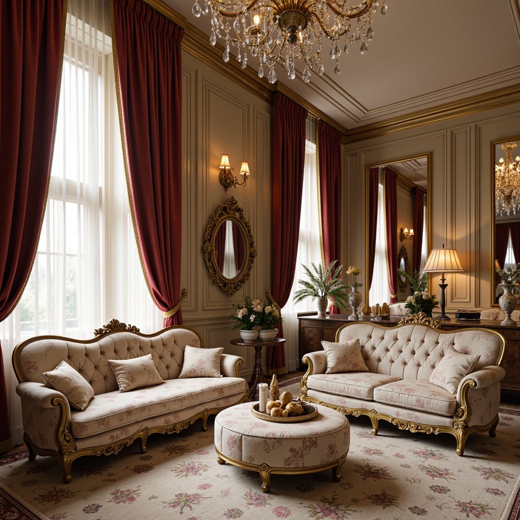 Prompt: Rich velvet drapes, ornate golden frames, luxurious silk upholstery, soft pastel hues, intricate floral patterns, Baroque-inspired furniture, curved lines, ornamental mirrors, crystal chandeliers, lavish furnishings, opulent fabrics, grandiose scale, high ceilings, dramatic lighting, warm beige tones, subtle sheen, Rococo revival style, elegant proportions, refined textures, 1/2 composition, soft focus, ambient lighting.