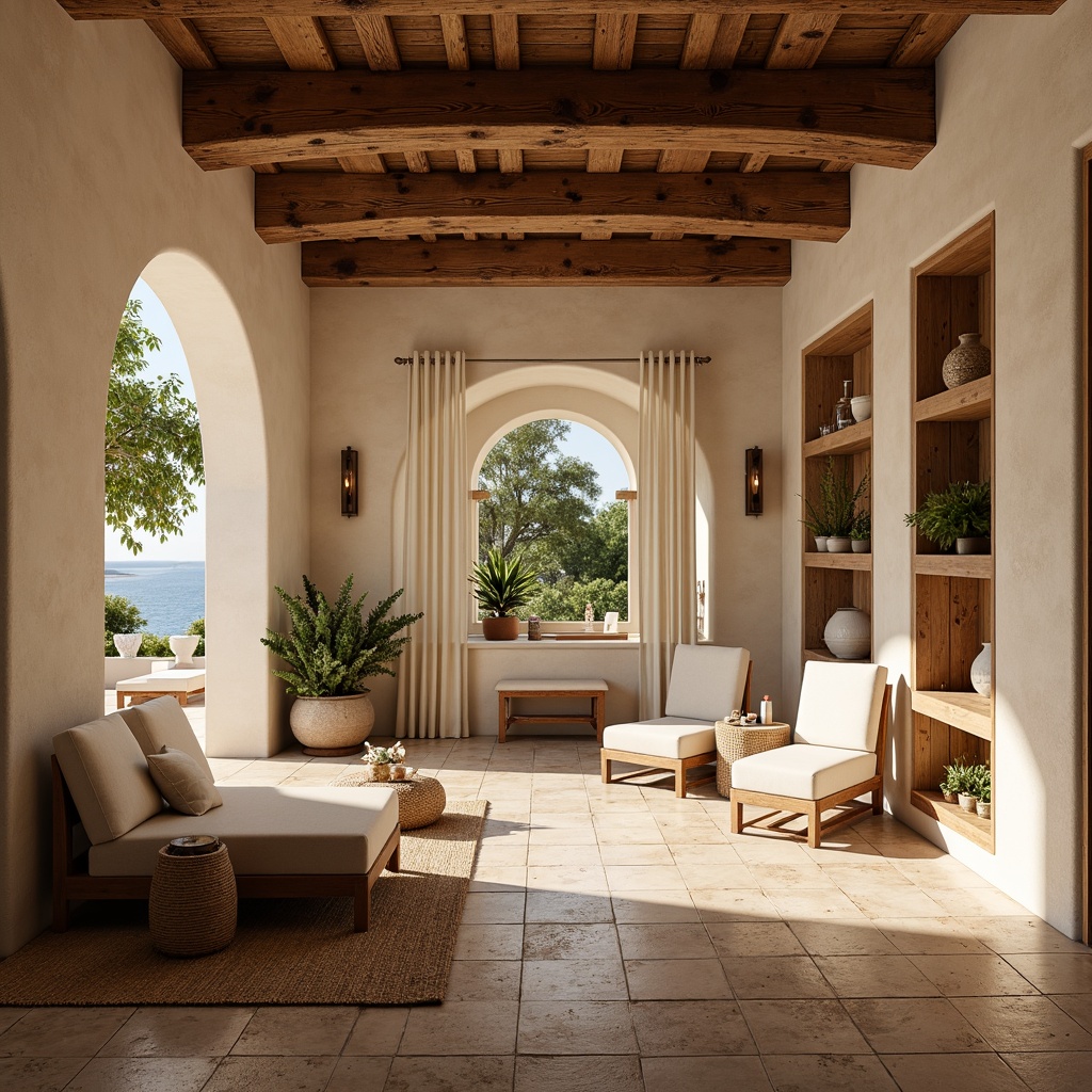 Prompt: Warm Mediterranean interior, natural stone flooring, rustic wooden beams, curved archways, ornate tile work, earthy color palette, plush furnishings, soft warm lighting, cozy nooks, built-in shelving, decorative ceramics, woven textiles, potted plants, sunny window views, ocean-inspired accents, minimalist decor, functional layout, efficient storage solutions, airy open spaces, harmonious proportions, 1/2 composition, soft focus, ambient occlusion.