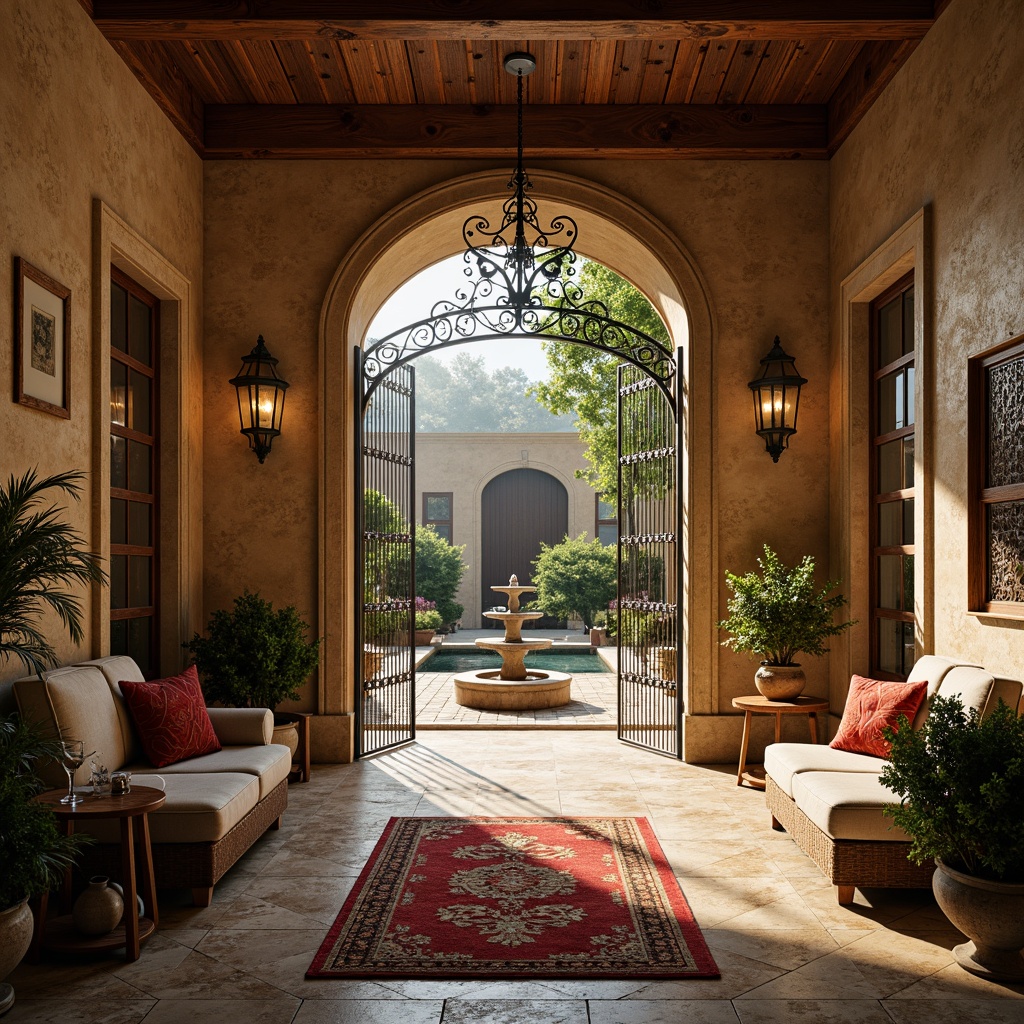 Prompt: Luxurious villa, rustic stone walls, warm golden lighting, ornate metal gates, inviting courtyard, lavish fountain, tranquil koi pond, natural wood accents, rich velvet fabrics, plush area rugs, sophisticated marble floors, elegant columnar architecture, soft misty ambiance, shallow depth of field, 1/1 composition, panoramic view, realistic textures, ambient occlusion.