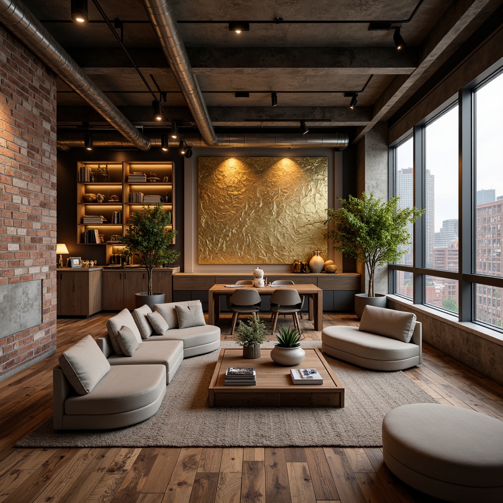 Prompt: Luxurious living room, metallic accents, gold leaf details, sleek copper fixtures, rose gold hardware, polished chrome surfaces, industrial chic aesthetic, urban loft atmosphere, exposed brick walls, reclaimed wood flooring, soft warm lighting, 3/4 composition, shallow depth of field, realistic textures, ambient occlusion.