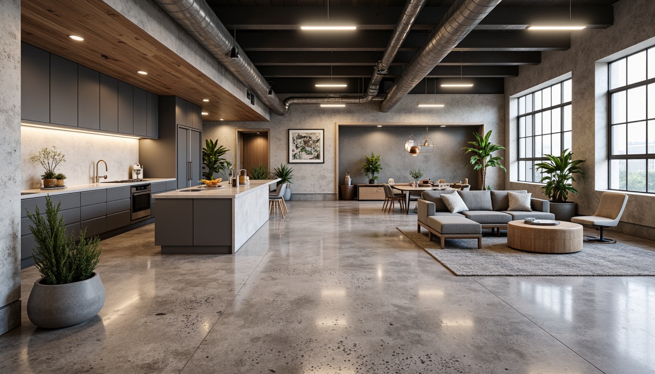 Prompt: Polished concrete floors, epoxy coatings, metallic flecks, rustic wood accents, industrial-style lighting, exposed ductwork, neutral color palette, sleek modern cabinetry, high-gloss finishes, chrome fixtures, urban loft-inspired decor, open-concept layout, abundant natural light, airy atmosphere, minimalist ornamentation, subtle texture variations, 1/1 composition, shallow depth of field, softbox lighting.