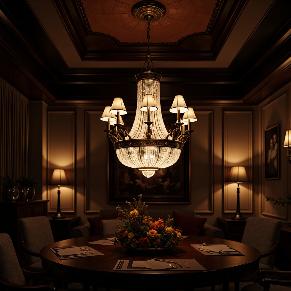 Prompt: Elegant chandelier, sophisticated sconce, ambient pendant lights, warm floor lamps, soft glowing table lamps, metallic finishes, luxurious fabrics, ornate details, rich textures, velvety darkness, moody shadows, dramatic highlights, atmospheric glow, cinematic lighting, high-contrast ratio, 1/2 composition, shallow depth of field, realistic reflections, subtle color grading.