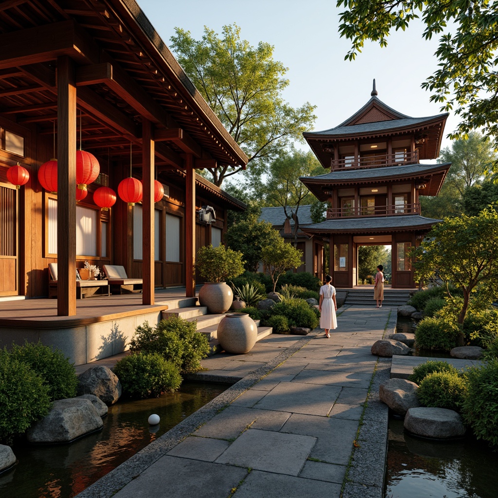 Prompt: Traditional Japanese pagoda, intricately carved wooden accents, vibrant red lanterns, lush green bamboo gardens, serene koi ponds, natural stone pathways, elegant bonsai trees, ornate ceramic vases, colorful parasols, delicate cherry blossom patterns, subtle shoji screens, warm paper lantern lighting, 1/1 composition, soft focus, warm color palette, ambient occlusion.