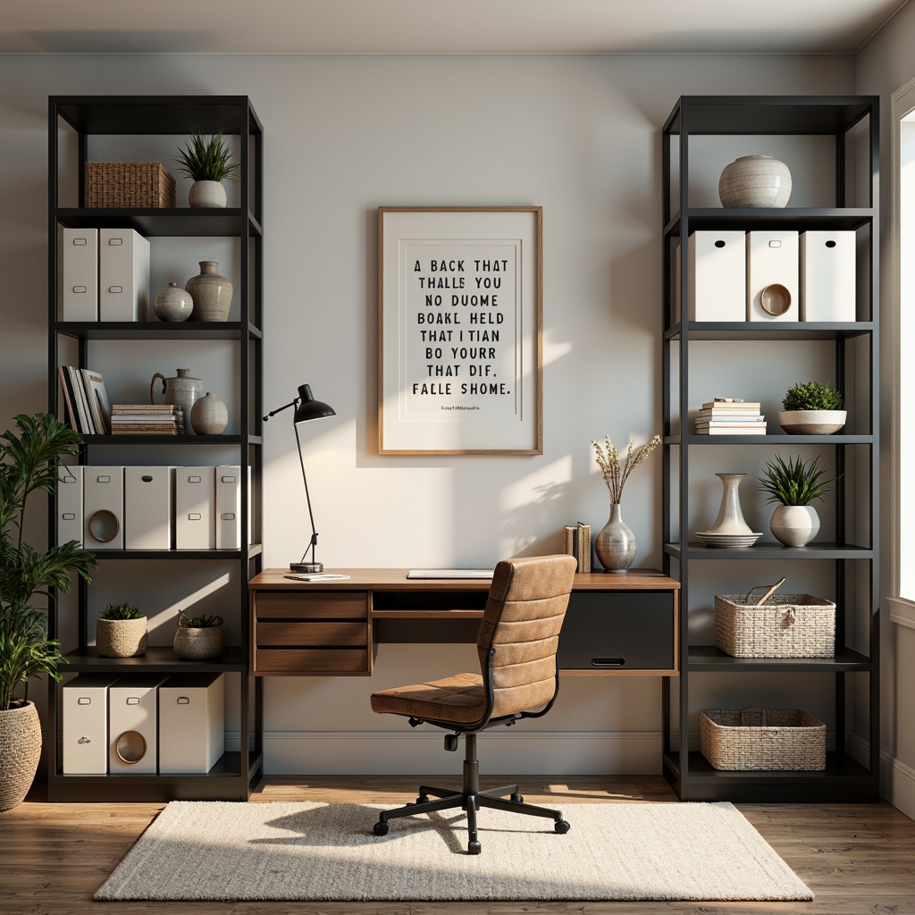 Prompt: Modern minimalist home office, sleek metal shelving units, adjustable shelves, ergonomic desk, comfortable task chair, good task lighting, organized storage bins, labeled folders, inspirational quotes, motivational wall art, calm color scheme, natural wood accents, subtle texture contrasts, soft warm glow, shallow depth of field, 1/1 composition, realistic renderings.