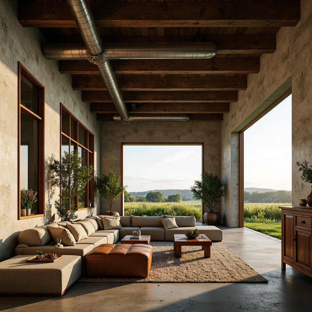 Prompt: Rustic farmhouse, brutalist architecture, raw concrete walls, exposed ductwork, industrial metal beams, reclaimed wood accents, earthy tones, natural textiles, vintage farm tools, distressed leather furniture, open-plan living area, high ceilings, large windows, abundance of natural light, lush greenery, wildflower fields, rural landscape, rolling hills, serene atmosphere, soft warm lighting, shallow depth of field, 3/4 composition, realistic textures, ambient occlusion.