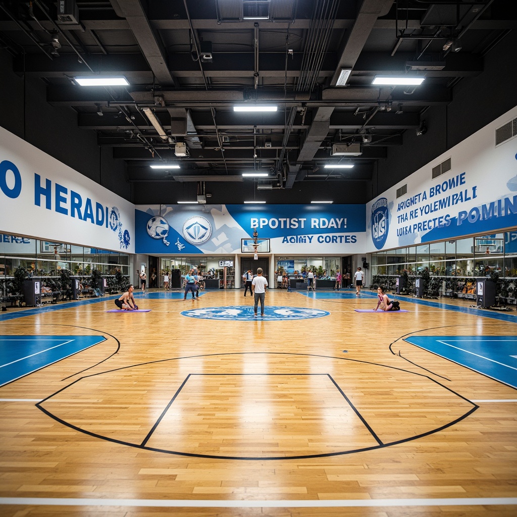 Prompt: Modern gymnasium interior, high ceilings, polished wooden floors, bright overhead lighting, sports equipment storage, mirrored walls, free weights area, cardio machines zone, yoga mats, athletic tracks, basketball courts, volleyball nets, spectator seating, sound systems, motivational quotes, vibrant color schemes, dynamic architectural lines, natural ventilation systems, energy-efficient LED lights, 3/4 composition, shallow depth of field, realistic textures, ambient occlusion.