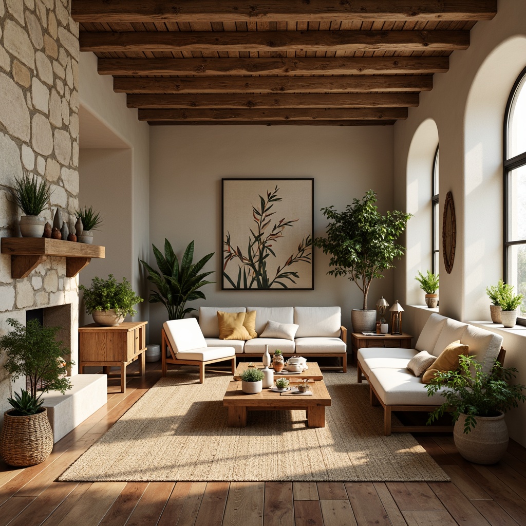 Prompt: Earthy living room, natural stone walls, reclaimed wood flooring, woven jute rug, organic cotton upholstery, rattan furniture, potted greenery, botanical prints, earthy color palette, warm soft lighting, cozy ambiance, nature-inspired decor, wooden accents, linen drapes, woven baskets, vintage artifacts, rustic charm, inviting atmosphere.