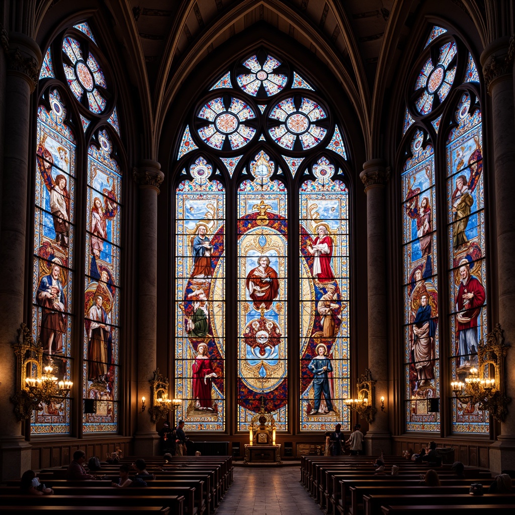 Prompt: Vibrant stained glass windows, kaleidoscope colors, intricate designs, Gothic arches, ornate details, luminous lighting, rich textures, abstract patterns, sacred ambiance, mystical atmosphere, grand architecture, majestic cathedrals, historical landmarks, ornamental fixtures, subtle shading, soft focus, 1/1 composition, warm color palette, natural illumination.