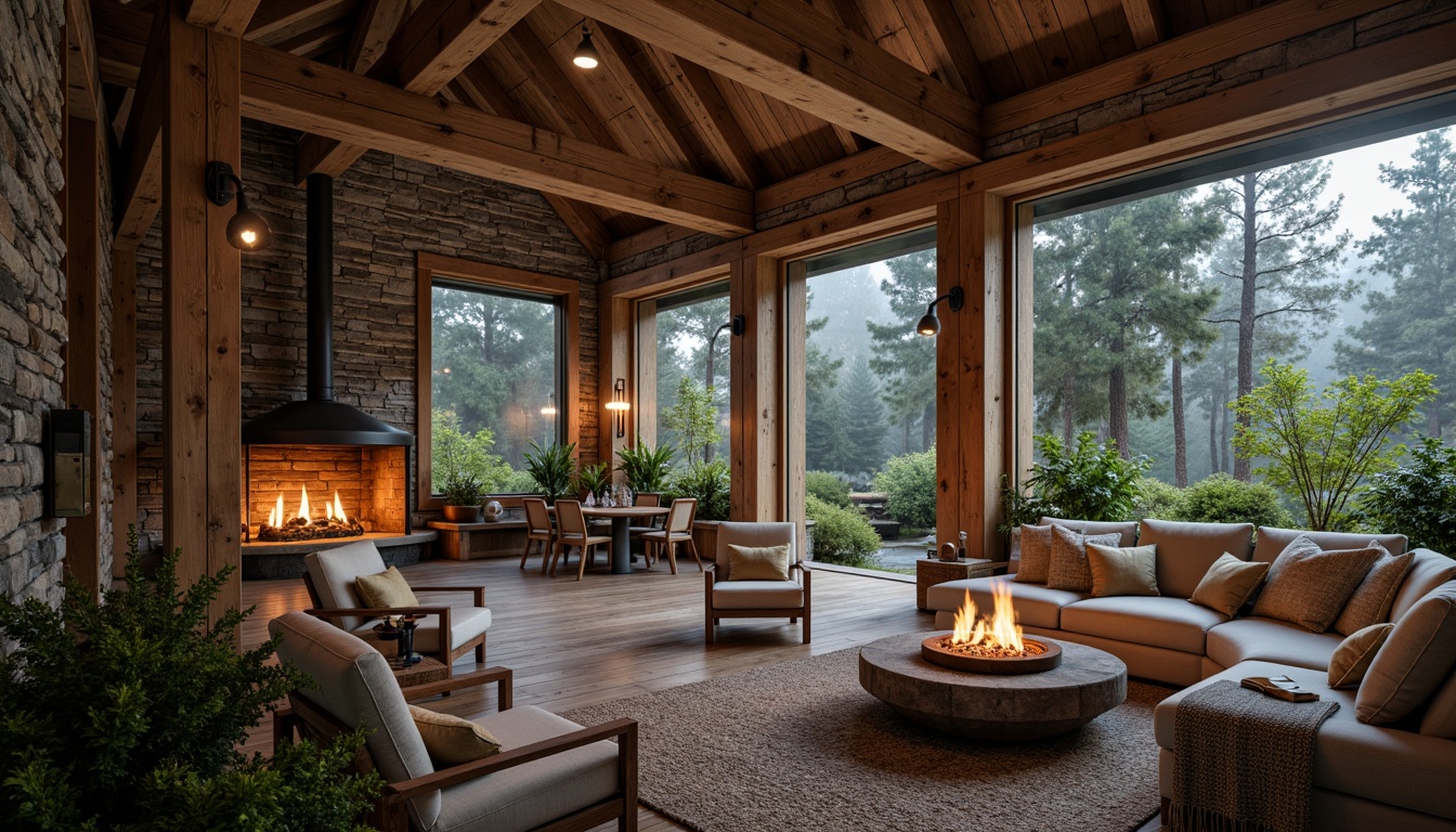 Prompt: Rustic mountain lodge, natural stone walls, earthy tones, rough-hewn wooden beams, distressed wood accents, cozy fire pit, warm candlelight, soft blankets, plush furnishings, organic textures, weathered metal details, moss-covered stones, misty forest surroundings, foggy morning light, shallow depth of field, 1/2 composition, atmospheric perspective.