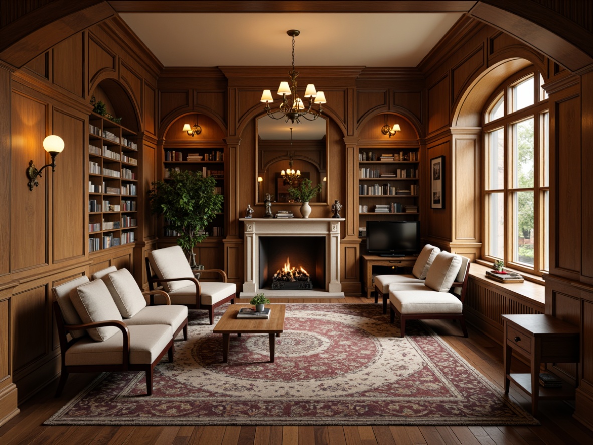 Prompt: Traditional academic style homes, rich wood tones, ornate moldings, classic furniture pieces, warm beige walls, dark hardwood floors, plush area rugs, sophisticated lighting fixtures, elegant chandeliers, comfortable reading nooks, built-in bookshelves, cozy fireplaces, natural stone surrounds, earthy color palette, soft warm lighting, shallow depth of field, 3/4 composition, realistic textures, ambient occlusion.