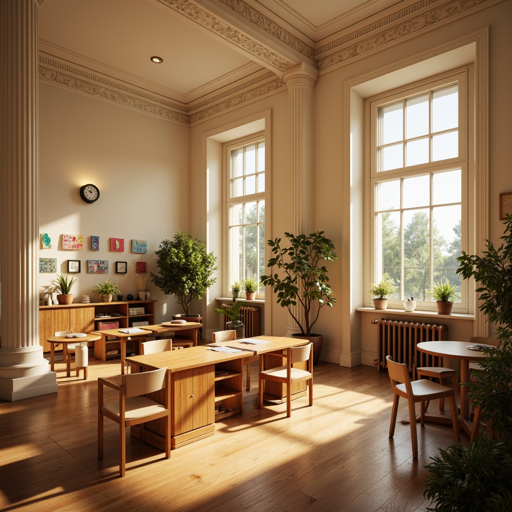 Prompt: Warm kindergarten classroom, soft natural light, elegant classic columns, ornate moldings, creamy white walls, polished wooden floors, traditional furniture, vintage educational decorations, playful alphabet letters, colorful artwork displays, gentle warm lighting, subtle shadows, 1/1 composition, intimate atmosphere, realistic textures, ambient occlusion.