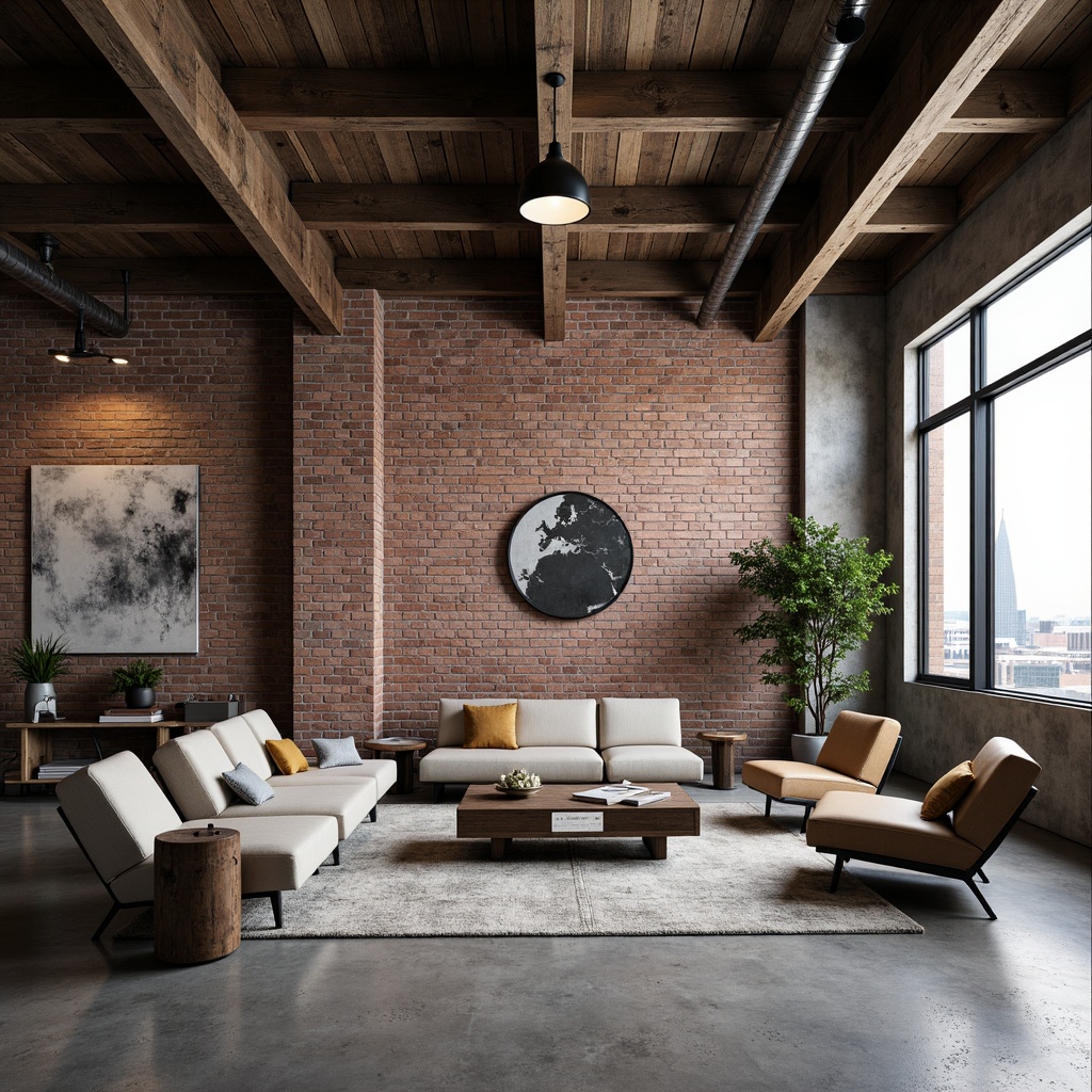 Prompt: Exposed brick walls, industrial metal beams, reclaimed wood accents, polished concrete floors, modern minimalist furniture, neutral color palette, earthy tones, rusted metal hues, deep blues, weathered leathers, urban cityscape views, gritty textures, dramatic lighting, high ceilings, open spaces, sleek lines, functional decor, brutalist architecture.