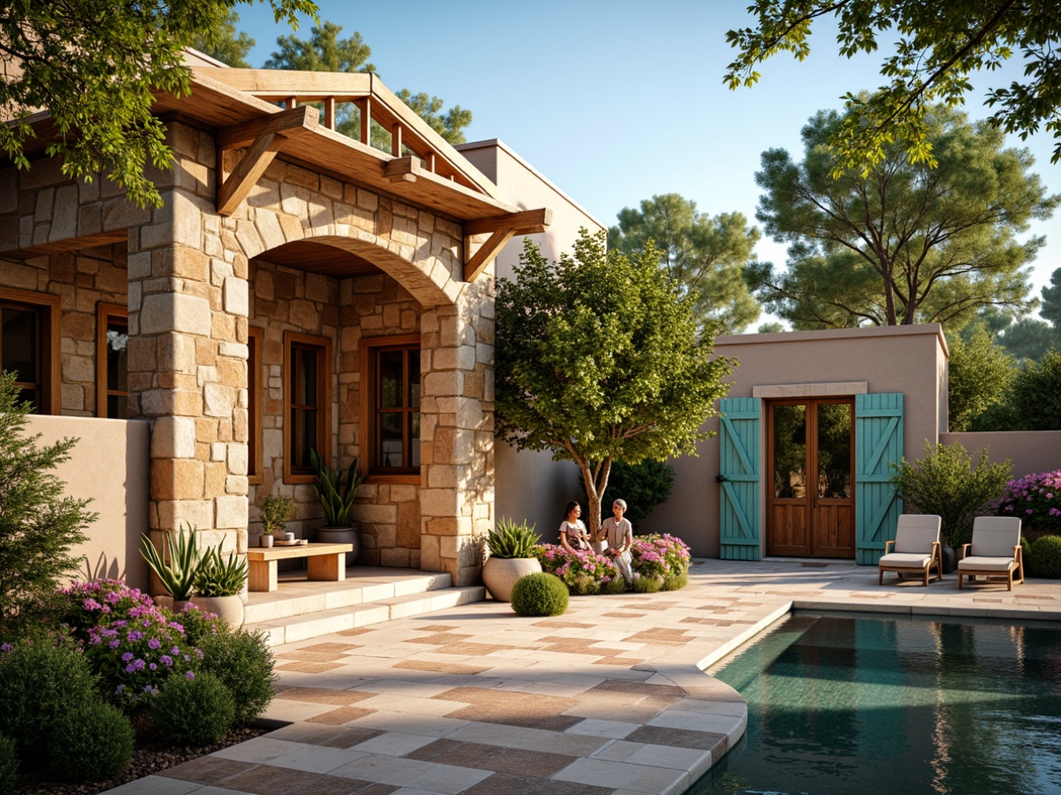 Prompt: Warm Mediterranean villa, rustic stone walls, turquoise accents, soft beige stucco, distressed wood doors, ornate metalwork, vibrant bougainvillea, lush greenery, citrus trees, sunny afternoon, warm golden lighting, shallow depth of field, 1/2 composition, realistic textures, ambient occlusion.