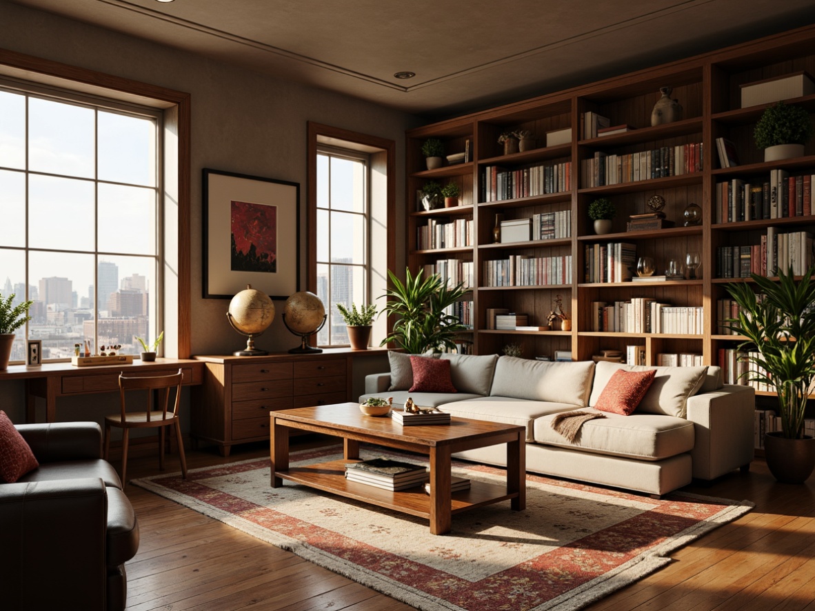 Prompt: Cozy apartment, academic decor, bookshelves, wooden furniture, earthy tones, soft warm lighting, comfortable seating areas, minimalist design, functional layout, spacious living room, elegant study desk, leather-bound books, vintage globes, framed artwork, plush area rugs, natural wood flooring, large windows, cityscape views, 1/1 composition, shallow depth of field, realistic textures, ambient occlusion.