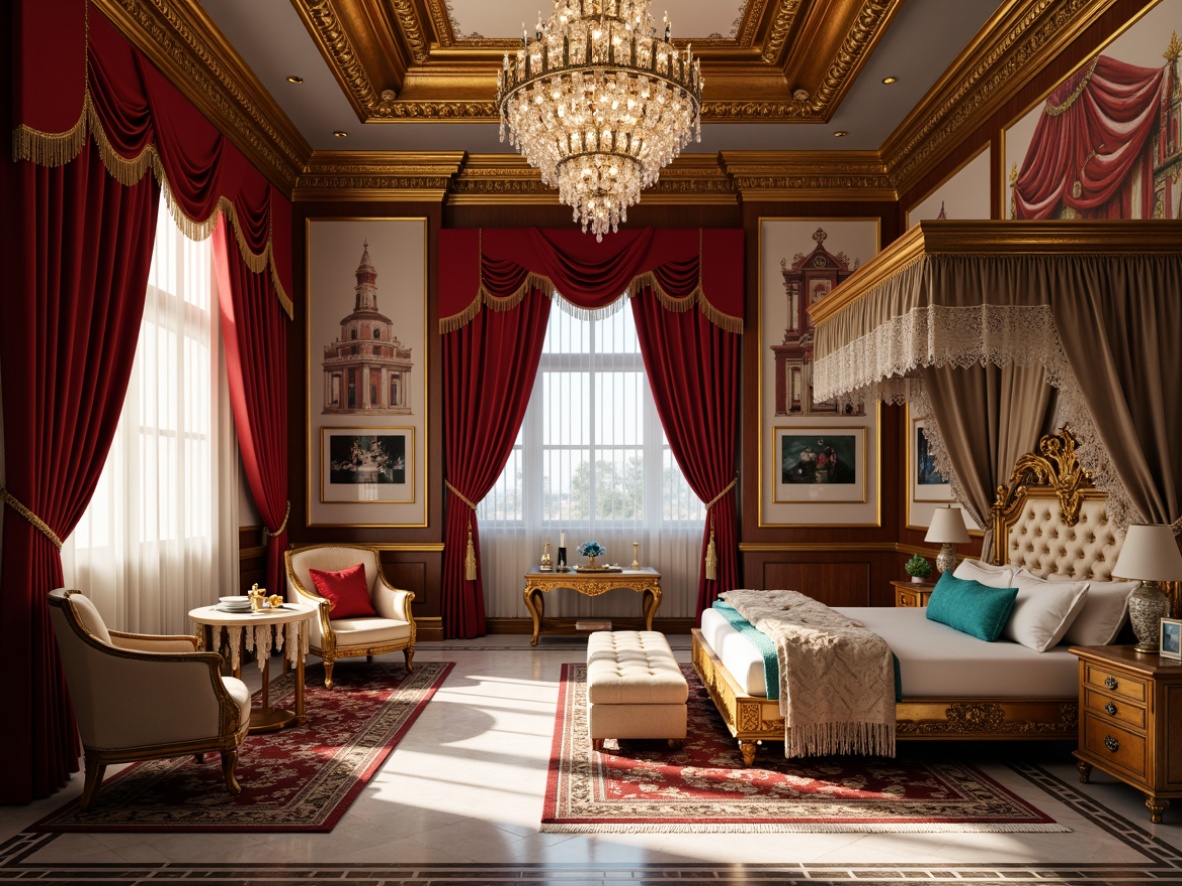 Prompt: Rich velvet fabrics, ornate gold embroidery, soft silk drapes, lavish crystal chandeliers, intricately carved wooden furniture, plush area rugs, majestic four-poster beds, delicate lace canopies, vibrant turquoise accents, creamy white marble floors, opulent tufted ottomans, regal red and gold color scheme, dramatic floor-to-ceiling curtains, whimsical fairy-tale illustrations, warm golden lighting, shallow depth of field, 1/1 composition, realistic textures, ambient occlusion.