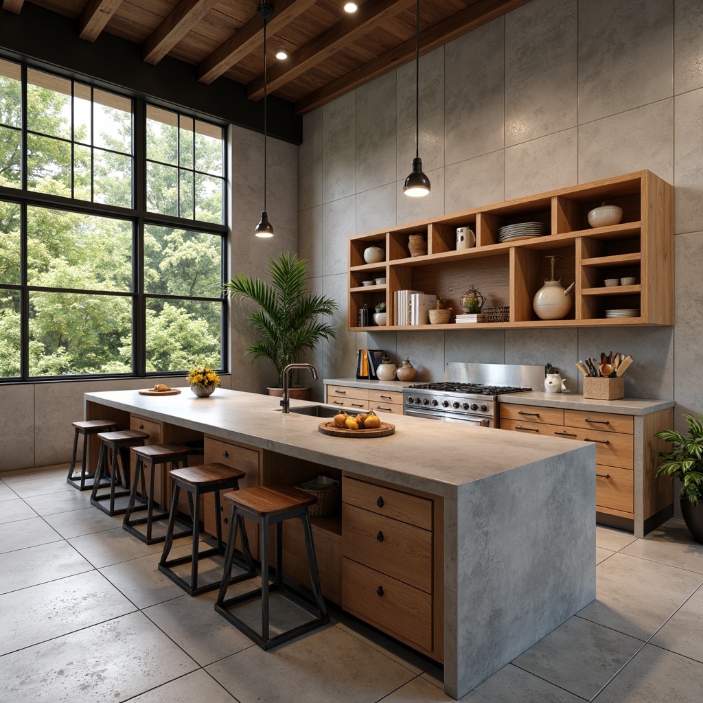 Prompt: Minimalist kitchen island, geometric shapes, industrial materials, stainless steel countertops, wooden cabinetry, handle-free doors, bold color accents, functional simplicity, clean lines, rectangular forms, open shelving, minimalist decor, pendant lighting, metal stools, functional ergonomics, natural stone flooring, large windows, abundant natural light, soft warm ambiance, shallow depth of field, 1/1 composition, realistic textures.