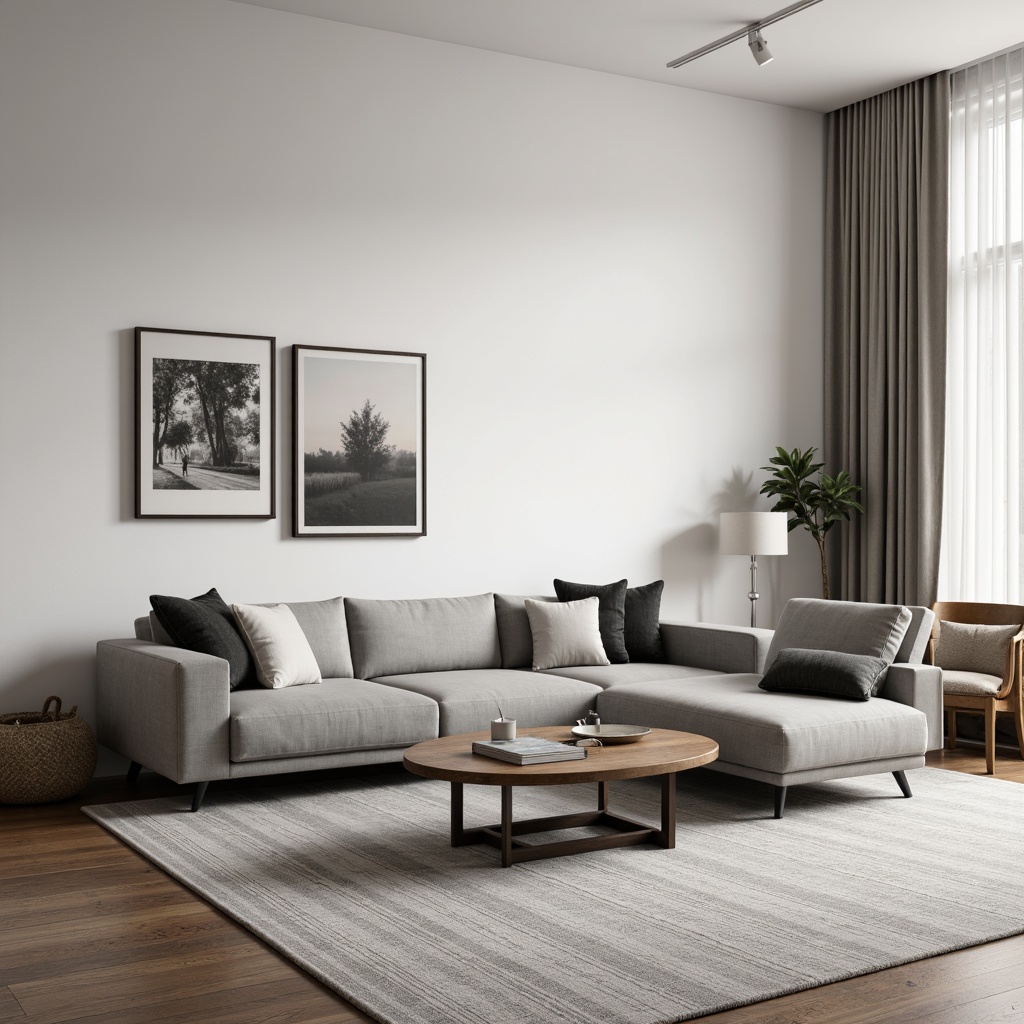 Prompt: Monochromatic living room, sleek low-profile sofa, minimalist coffee table, functional storage units, industrial metal legs, comfortable velvet upholstery, soft warm lighting, Scandinavian-inspired design, airy open space, natural wood accents, subtle texture variations, 1/1 composition, shallow depth of field, realistic material rendering.