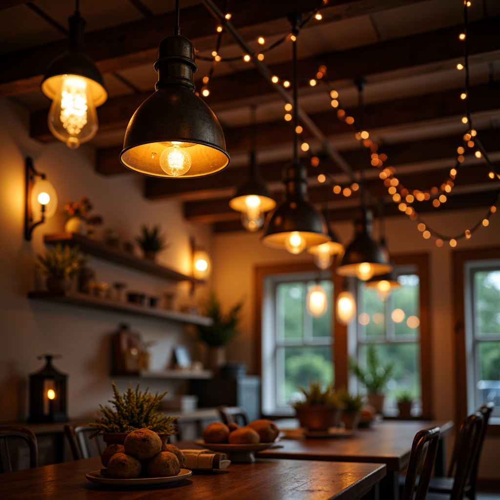 Prompt: Warm pendant lamps, industrial metal shades, rustic wooden beams, cozy candlelight, soft ambient glow, dramatic spotlights, vibrant color-changing LEDs, whimsical string lights, ornate crystal chandeliers, minimalist sleek track lighting, natural daylight pouring in, creamy warm tones, relaxing atmosphere, intimate setting, atmospheric shadows, 3/4 composition, shallow depth of field, cinematic lighting, realistic textures.