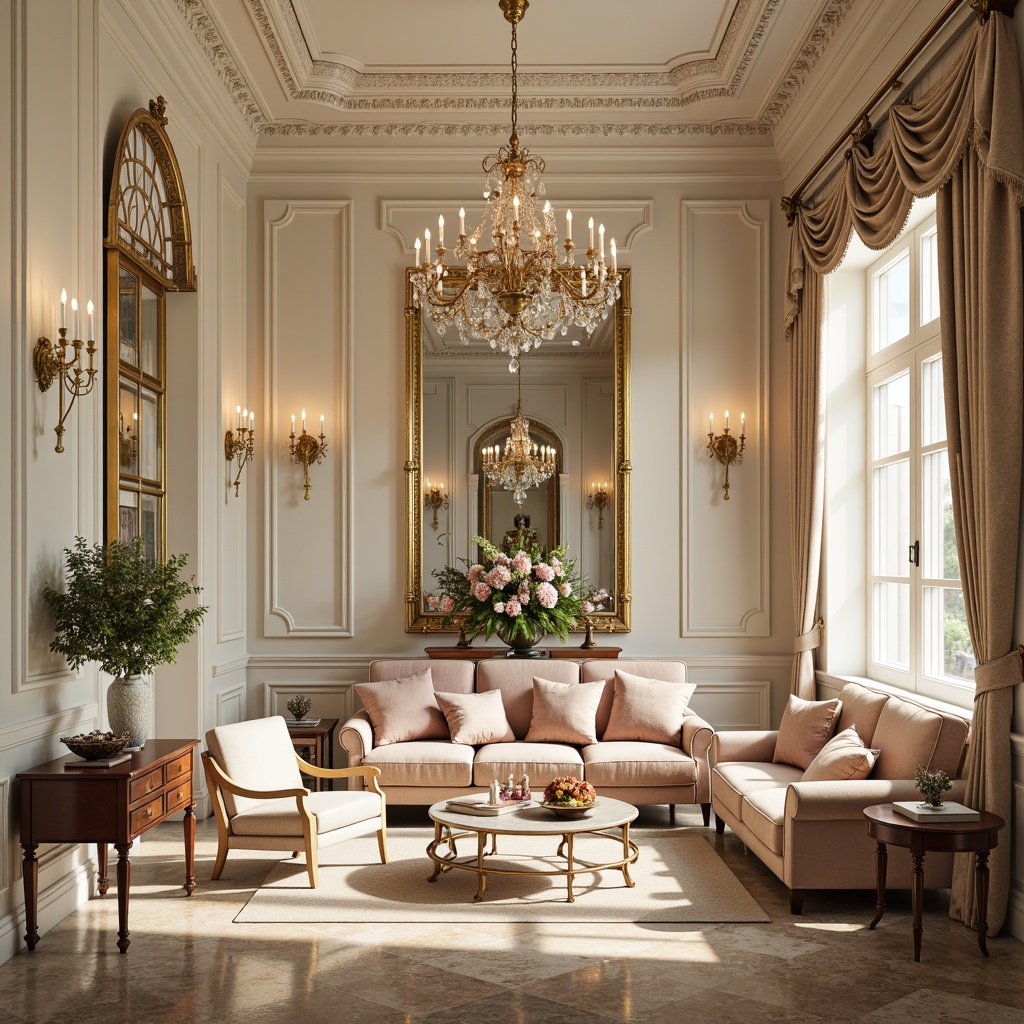 Prompt: Luxurious Rococo interiors, soft pastel hues, delicate cream, pale gold accents, ornate furnishings, intricately carved wood, velvet upholstery, subtle sheen, opulent fabrics, lavish chandeliers, grandiose mirrors, Baroque-inspired patterns, whimsical florals, gentle candlelight, warm beige tones, rich mahogany wood, elegant marble floors, refined gilded details, sophisticated ambiance, 1/1 composition, soft focus, warm color temperature.