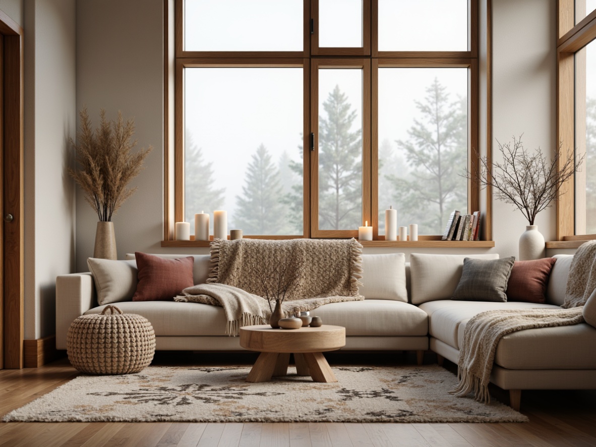 Prompt: Cozy Nordic living room, warm natural textiles, woven wool blankets, plush throw pillows, minimalist wooden furniture, light-colored walls, large windows, snowflake-patterned rugs, candles, soft warm lighting, shallow depth of field, 1/1 composition, realistic textures, ambient occlusion.