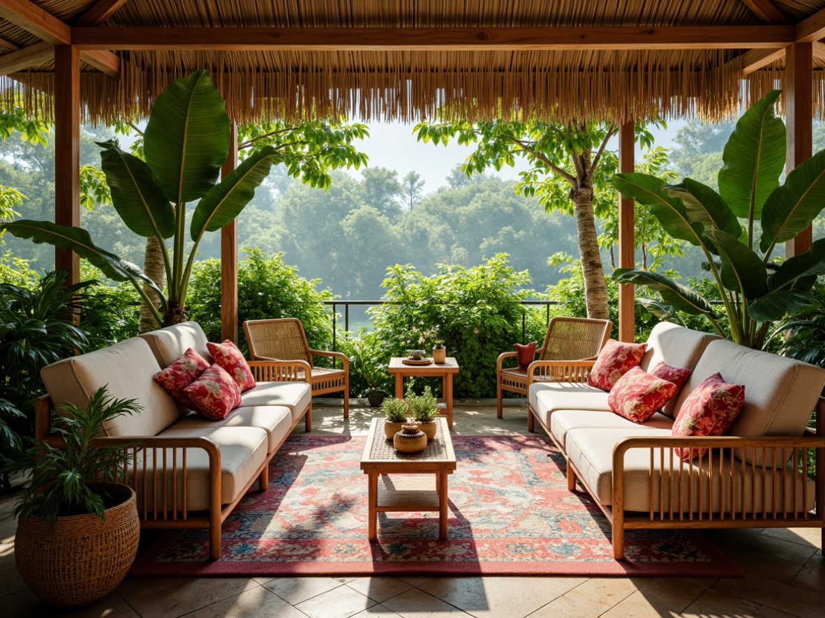 Prompt: Tropical living room, lush greenery, rattan furniture, wicker armchairs, plush cushions, natural wood accents, bamboo decor, vibrant colorful textiles, exotic patterns, palm tree plants, warm sunny day, soft diffused lighting, shallow depth of field, 3/4 composition, panoramic view, realistic textures, ambient occlusion, coastal vibes, beach-inspired colors, turquoise hues, coral pink accents.