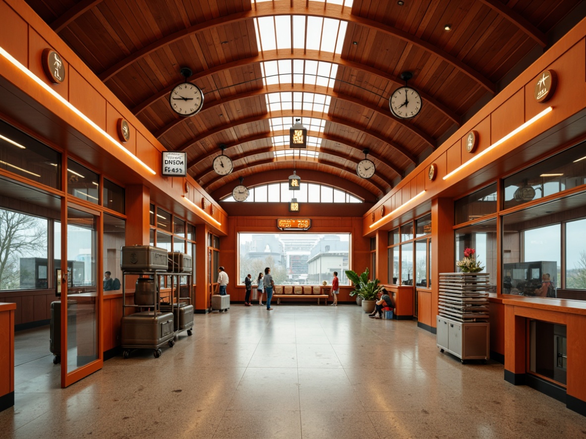 Prompt: Retro-futuristic train station, warm terracotta tones, sleek wooden accents, geometric patterns, vintage luggage racks, nostalgic clock towers, mid-century modern typography, wayfinding signage with arrowheads, stainless steel handrails, large glass windows, natural stone flooring, subtle ambient lighting, shallow depth of field, 1/2 composition, symmetrical framing, realistic textures, subtle color grading.