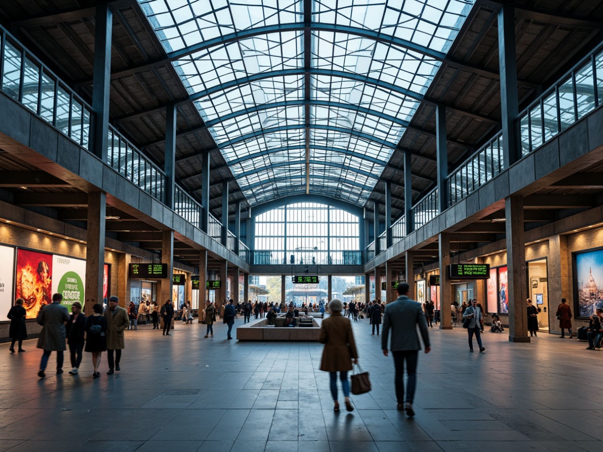 Prompt: Industrial train station, metallic framework, steel beams, concrete flooring, glass roofs, modern LED lighting, sleek signage, urban atmosphere, busy crowds, rushing commuters, arrival and departure boards, ticketing systems, comfortable seating areas, natural stone accents, warm wood tones, vibrant colorful advertisements, large windows, panoramic views, shallow depth of field, 3/4 composition, realistic textures, ambient occlusion.