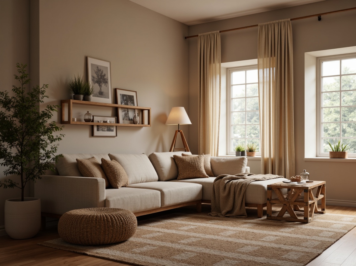 Prompt: Cozy living room, warm textiles, woven blankets, natural fibers, earthy tones, minimalist decor, Scandinavian modern furniture, wooden accents, soft cushions, plush rugs, geometric patterns, subtle color palette, ambient lighting, warm glow, shallow depth of field, 1/1 composition, intimate atmosphere, realistic textures, gentle shadows.