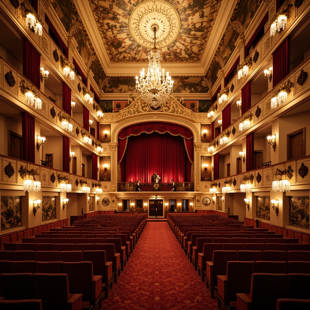 Prompt: Grand opera house, ornate chandeliers, crystal sconces, warm golden lighting, rich velvet curtains, intricate moldings, ornamental plasterwork, grand staircases, majestic balconies, luxurious red carpets, gilded decorations, classical columns, arched windows, elegant frescoes, dramatic spotlights, soft warm glow, high contrast ratio, 1/1 composition, shallow depth of field, realistic textures, ambient occlusion.