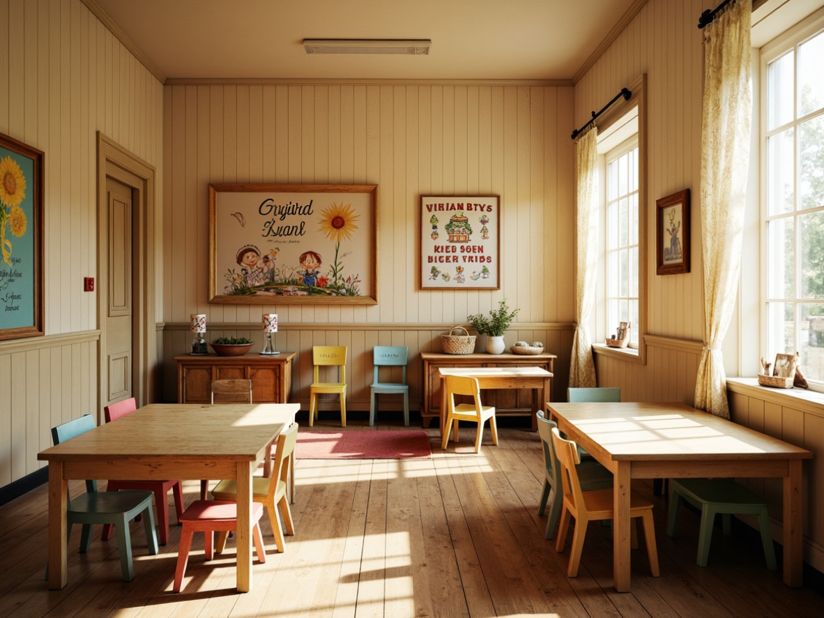 Prompt: Vintage kindergarten classroom, warm beige walls, soft creamy wood accents, distressed wooden tables, colorful plastic chairs, classic alphabet posters, whimsical illustrations, gentle pastel colors, muted pink, baby blue, sunshine yellow, moss green, earthy brown, natural textures, rustic wooden floors, cozy reading nooks, plush area rugs, delicate lace curtains, warm afternoon lighting, shallow depth of field, 1/2 composition, intimate atmosphere, realistic materials, ambient occlusion.