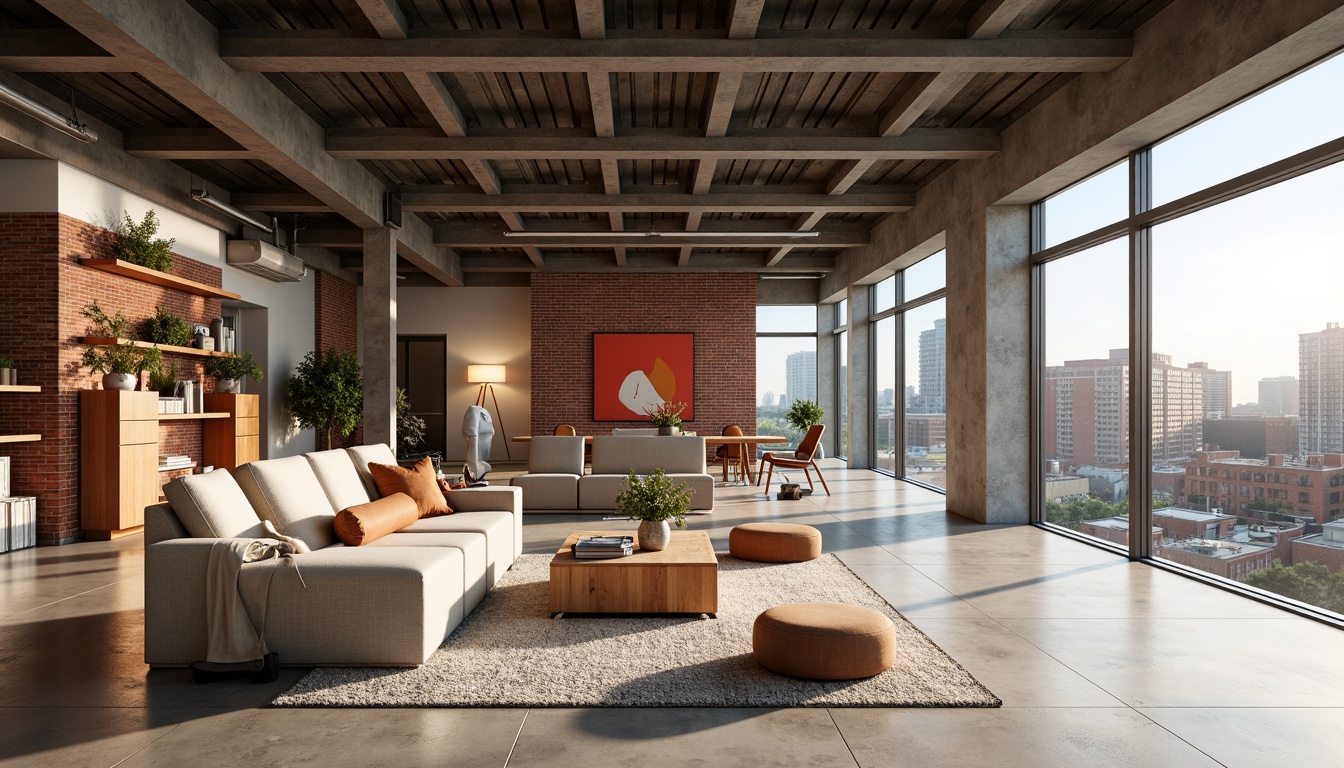 Prompt: Open-plan living space, minimalist decor, industrial materials, exposed brick walls, polished concrete floors, steel beams, functional furniture, geometric shapes, primary color accents, natural light pouring in, large windows, sliding glass doors, urban city views, modernist architecture, clean lines, minimal ornamentation, functional storage solutions, built-in shelving units, free-flowing spaces, dynamic spatial relationships, 1-point perspective, shallow depth of field, soft warm lighting, subtle shadows, realistic textures.