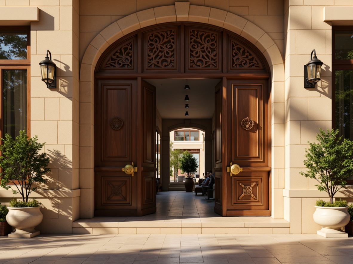 Prompt: Grand entrance, traditional ornate doors, luxurious wood materials, intricate carvings, polished brass hardware, classic lanterns, symmetrical archways, warm beige stonework, inviting foyer, soft golden lighting, subtle shadowing, 1/1 composition, realistic wooden textures, ambient occlusion.