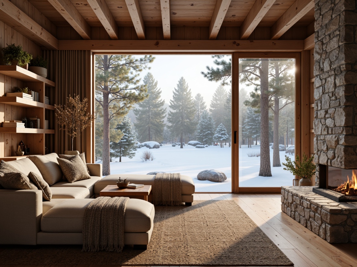 Prompt: Cozy Nordic cabin, wooden accents, plush throw blankets, woven wool rugs, natural fiber upholstery, minimalist decor, earthy tone palette, soft warm lighting, rustic wooden beams, stone fireplace, snow-covered trees, frozen lake scenery, frosty winter morning, cozy reading nook, geometric patterned textiles, nature-inspired motifs, organic shapes, handmade craftsmanship, tactile materials, inviting ambiance, 1/1 composition, intimate atmosphere, realistic wood textures.