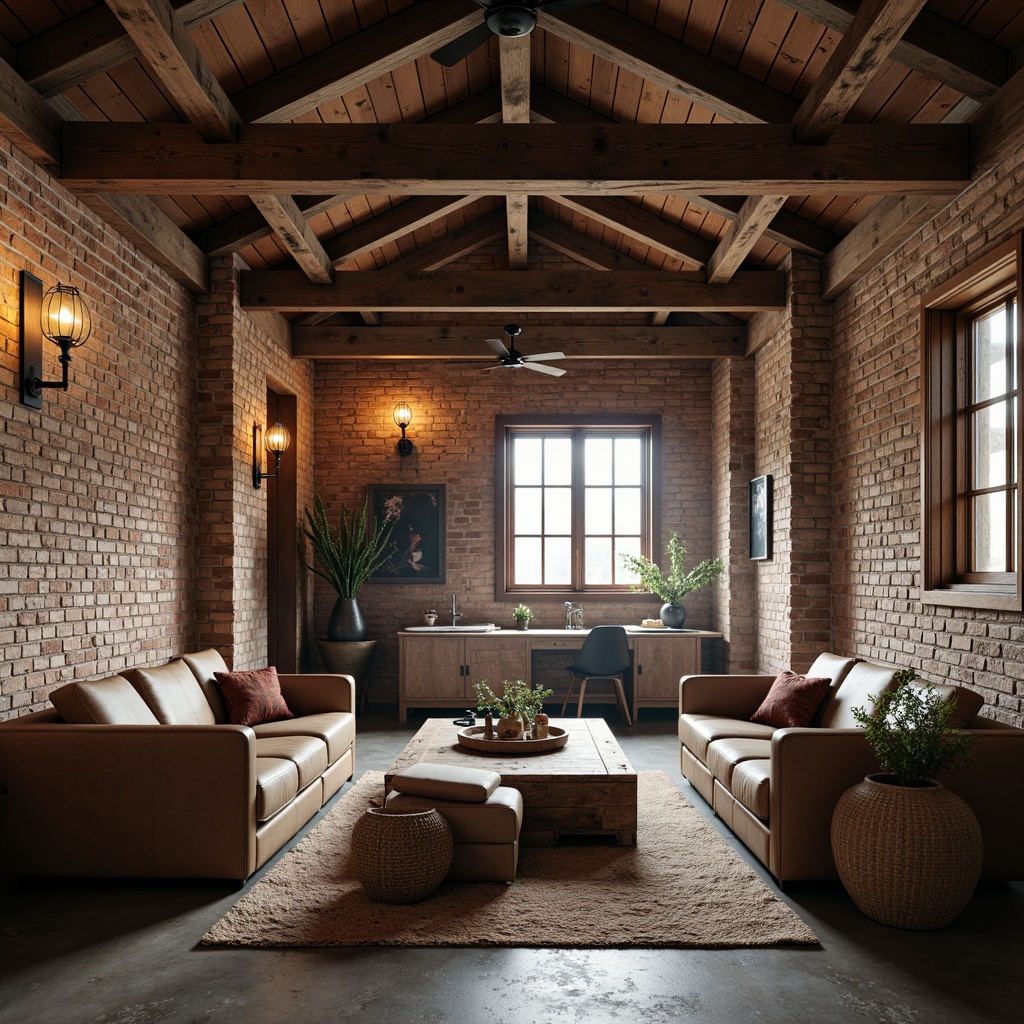 Prompt: Rustic farmhouse interior, exposed brick walls, rough-hewn wooden beams, concrete floors, metal accents, industrial lighting fixtures, distressed leather furniture, natural fiber textiles, earthy color palette, organic shapes, brutalist architectural elements, minimal ornamentation, functional simplicity, warm candlelight, soft shadows, atmospheric mist, 1/1 composition, shallow depth of field, realistic textures.