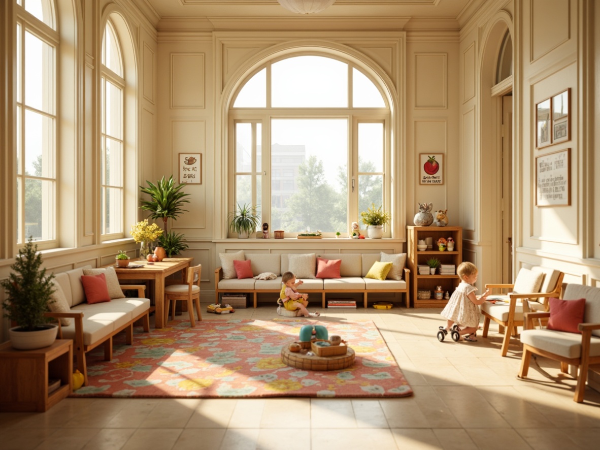 Prompt: Warm kindergarten interior, soft creamy walls, elegant wooden furniture, classic ornate details, large windows, natural light pouring in, warm beige flooring, comfortable reading nooks, vibrant colorful toys, educational posters, gentle circular lighting, warm white LED lights, cozy atmosphere, shallow depth of field, 1/1 composition, realistic textures, ambient occlusion.