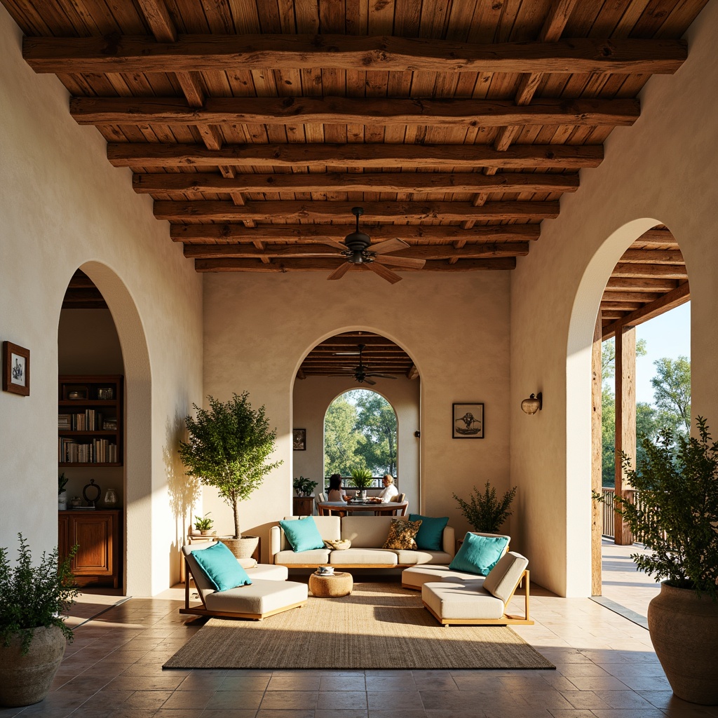 Prompt: Warm Mediterranean interior, earthy tones, natural stone flooring, rustic wooden beams, curved archways, ornate tile work, plush furnishings, vibrant turquoise accents, soft golden lighting, airy open spaces, minimalist decor, functional shelving, cozy reading nooks, oversized windows, sliding glass doors, lush greenery, tranquil ambiance, shallow depth of field, 1/2 composition, warm color palette, realistic textures.