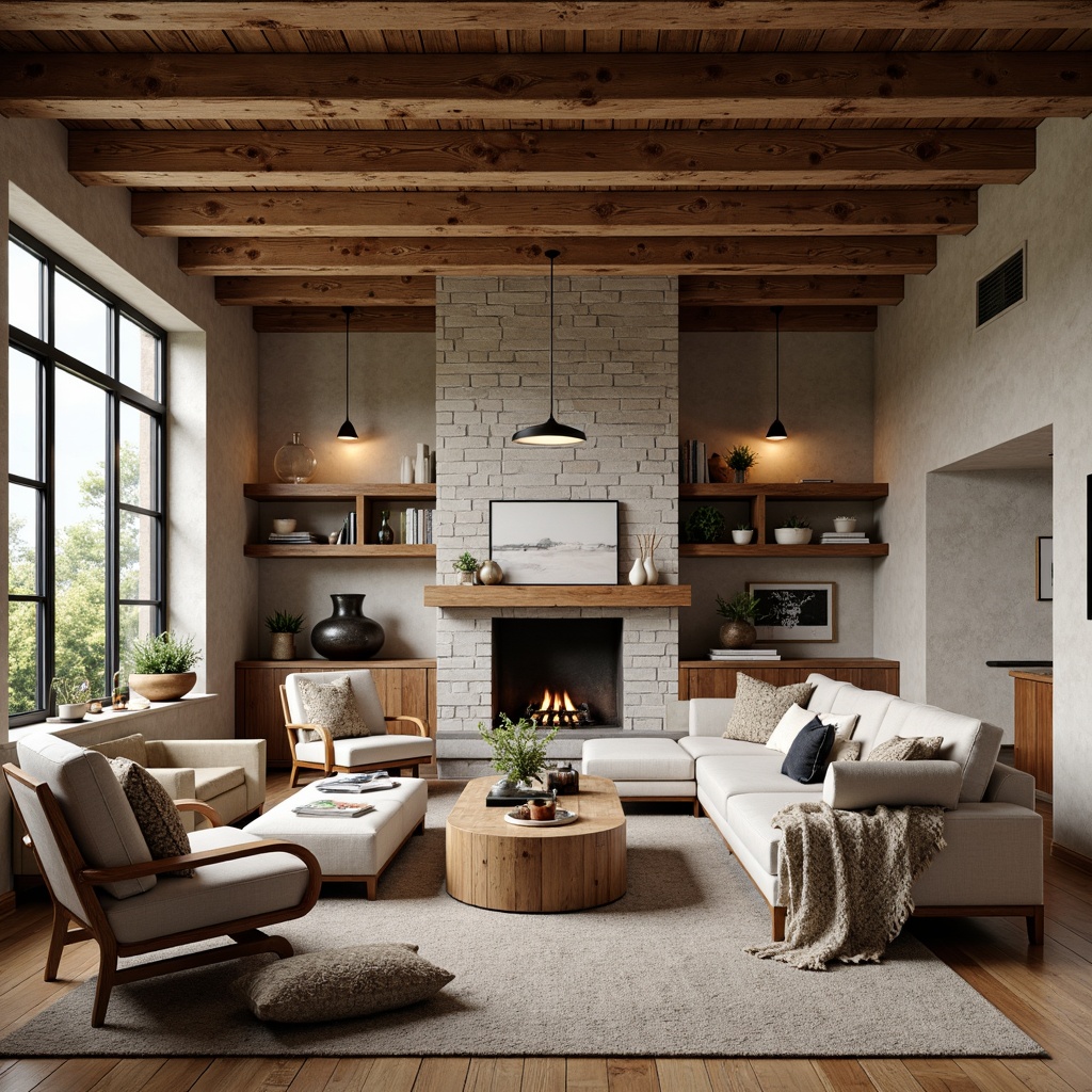 Prompt: Rustic modern living room, exposed wooden beams, industrial chic decor, reclaimed wood accents, earthy tone color palette, natural stone walls, large windows, minimalist furniture, cozy throw blankets, pendant lighting fixtures, open-plan layout, warm ambient lighting, soft focus blur, 1/2 composition, atmospheric perspective, realistic textures.