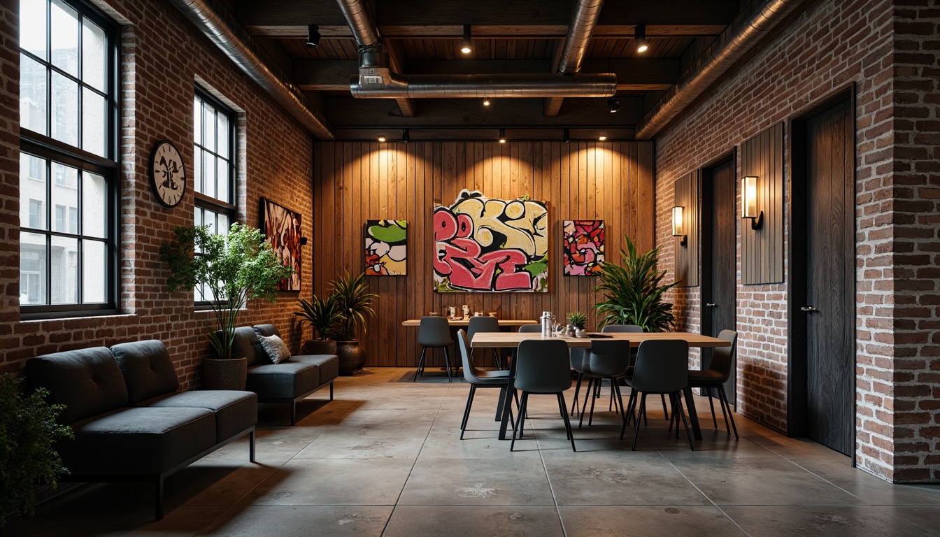 Prompt: Rustic wooden planks, distressed metal sheets, rough stone walls, vibrant graffiti murals, urban cityscape, contemporary architecture, industrial chic design, reclaimed wood accents, exposed brick textures, metallic pipes, concrete floors, moody lighting, dramatic shadows, 1/1 composition, high contrast ratio, cinematic color grading.