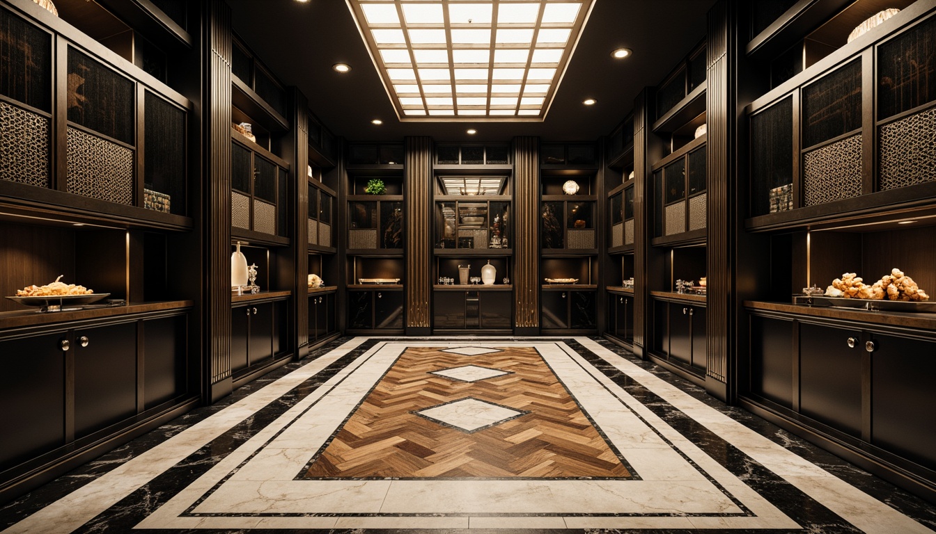 Prompt: Luxurious storage room, Art Deco style, metallic accents, geometric patterns, high-gloss floors, polished chrome fixtures, marble surfaces, herringbone wood inlays, terrazzo flooring, bold black and white contrasts, ornate metal grilles, luxurious textiles, rich jewel-toned colors, dramatic lighting, low-angle shots, cinematic composition, intricate details, realistic reflections.