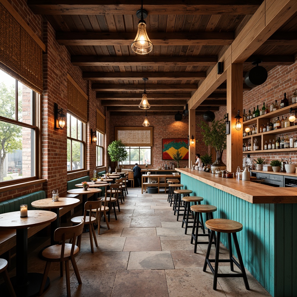 Prompt: Rustic wooden accents, earthy tones, vibrant turquoise hues, Southwestern patterns, woven textiles, reclaimed wood beams, industrial metal fixtures, exposed brick walls, natural stone countertops, rustic wooden bar stools, pendant lanterns, warm ambient lighting, shallow depth of field, 3/4 composition, panoramic view, realistic textures, ambient occlusion.