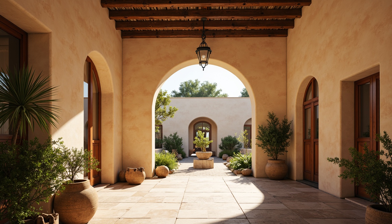 Prompt: Warm Mediterranean interior, arched doorways, curved lines, soft stucco walls, warm beige tones, rustic wooden beams, ornate wrought iron details, lush greenery, potted plants, natural stone flooring, terracotta tiles, sunny courtyard, open arches, airy atmosphere, soft warm lighting, subtle shadows, 1/1 composition, realistic textures, ambient occlusion.