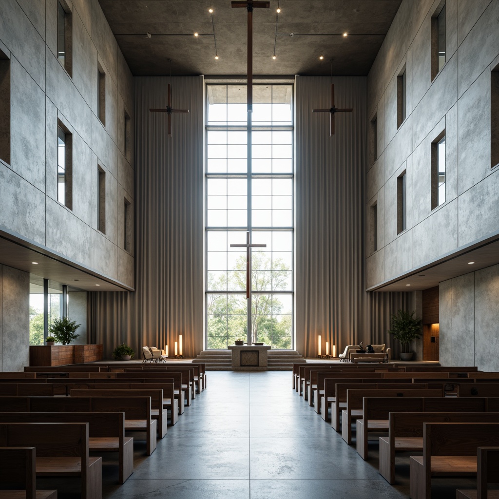 Prompt: Minimalist modern church interior, sleek lines, monochromatic color scheme, polished concrete floors, geometric patterns, abstract stained glass windows, natural light pouring in, industrial chic metal accents, reclaimed wood pews, minimalist altar design, subtle LED ambient lighting, shallow depth of field, 1/1 composition, symmetrical framing, atmospheric misting system, modern Christian cross sculptures, textured stone walls, floor-to-ceiling curtains, intimate worship spaces.