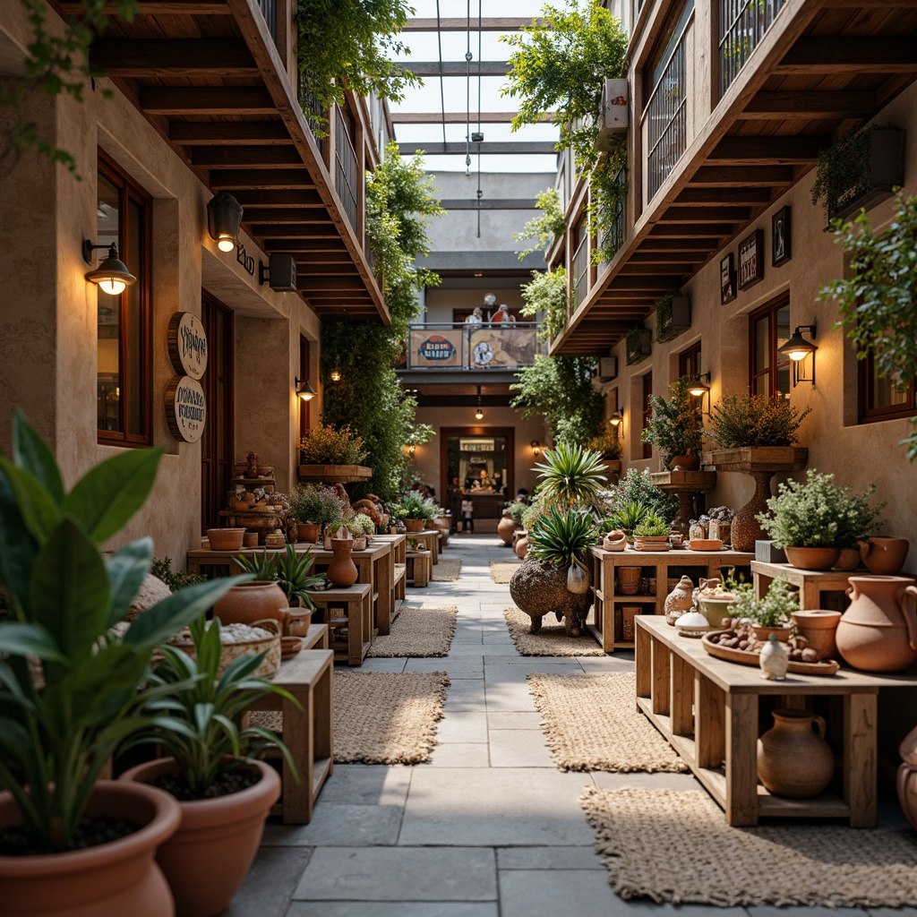 Prompt: Vibrant marketplace, eclectic mix of textures, distressed wooden crates, worn stone floors, rusty metal accents, vintage signage, woven baskets, natural fiber rugs, earthy terracotta pots, lush greenery, soft warm lighting, shallow depth of field, 3/4 composition, realistic rendering, ambient occlusion.