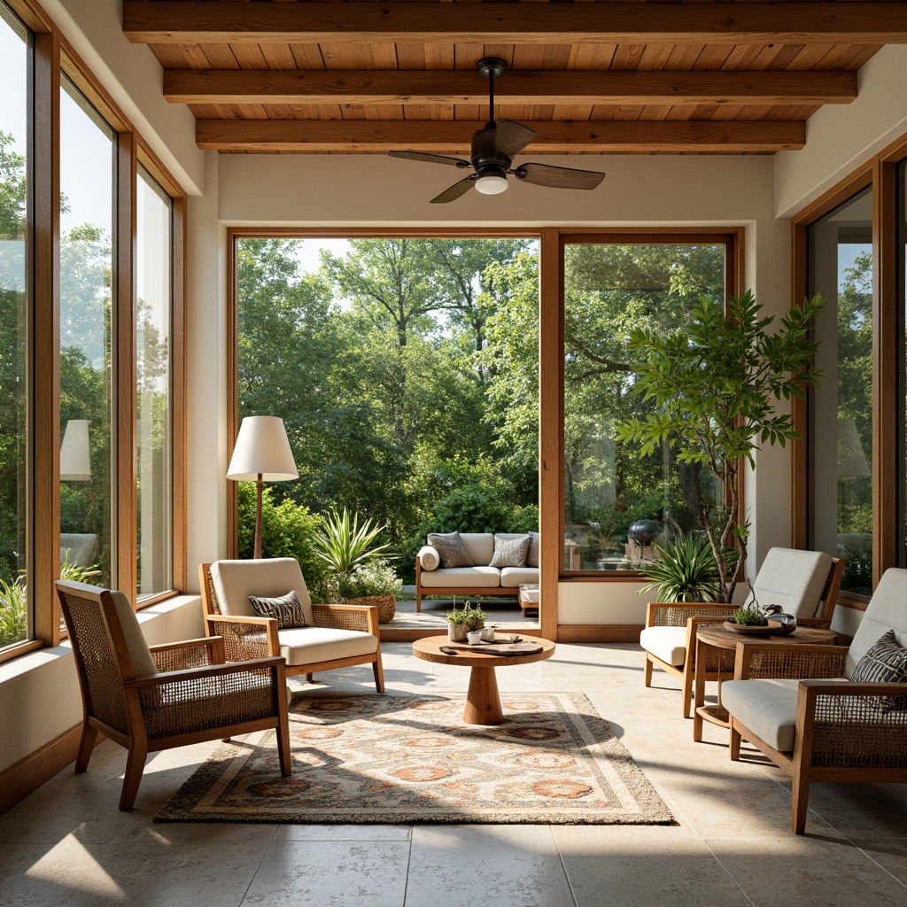 Prompt: Mid-century modern sunroom, natural stone flooring, large windows, sliding glass doors, lush greenery, plants, wicker furniture, rattan chairs, wooden coffee tables, geometric patterned rugs, vintage metal lamps, minimalist decor, warm beige colors, soft diffused lighting, 1/1 composition, shallow depth of field, realistic textures.