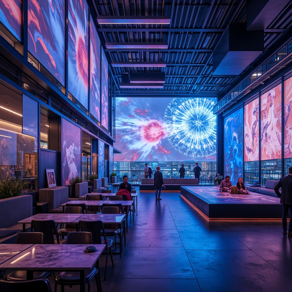 Prompt: Futuristic venue, neon-lit ambiance, sleek metal chairs, minimalist design, holographic projections, LED lights, transparent glass tables, avant-garde art pieces, polished concrete floors, urban cityscape views, evening twilight atmosphere, soft blue-purple lighting, shallow depth of field, 3/4 composition, wide-angle lens, realistic metallic reflections, ambient occlusion.