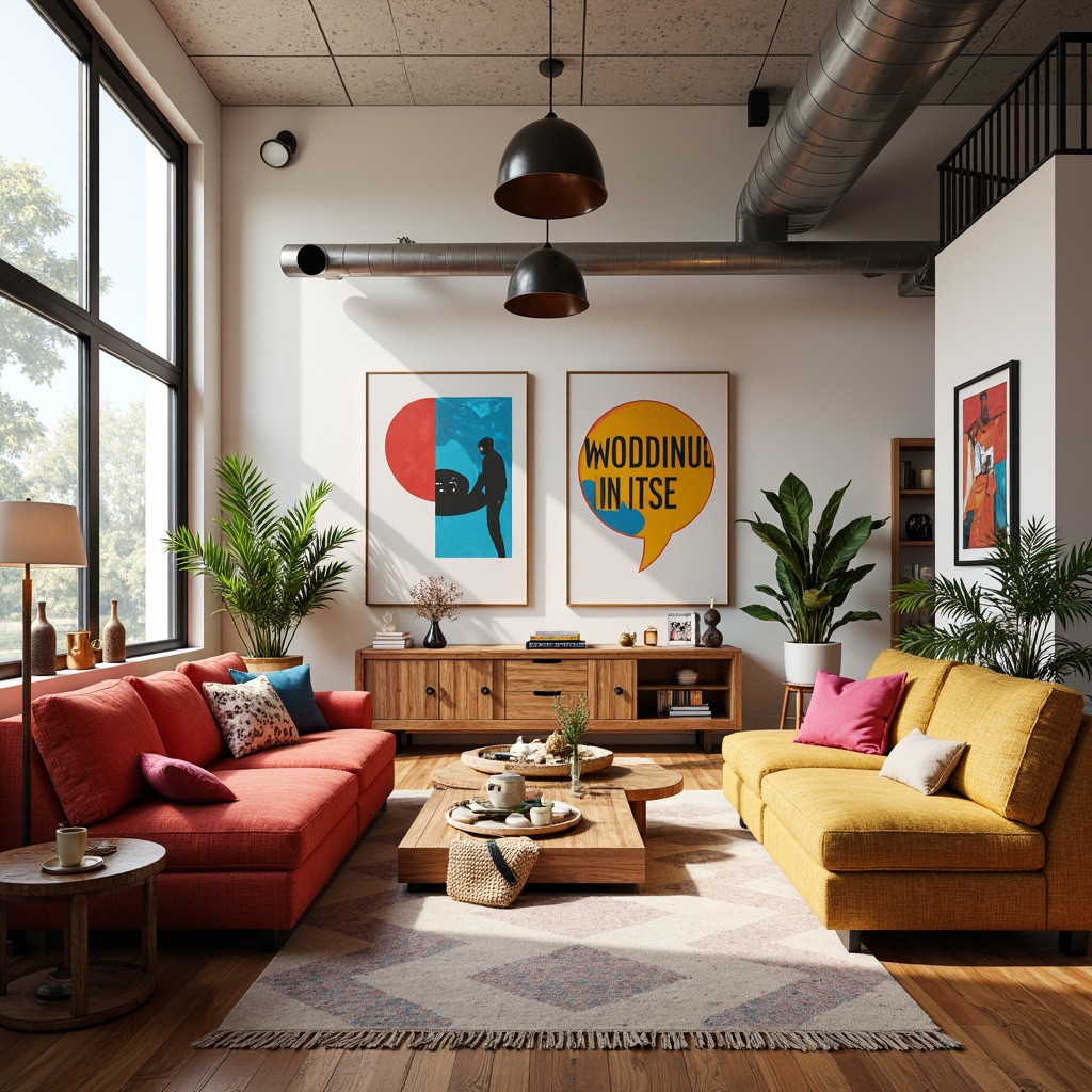 Prompt: Vibrant artistic studio, eclectic furniture, bold color accents, statement lighting fixtures, inspirational quotes, minimalist decor, natural wood textures, industrial metal elements, bright white walls, large windows, soft warm glow, shallow depth of field, 1/1 composition, panoramic view, realistic renderings, ambient occlusion.